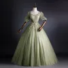 Elegant Sage Green Prom Dresses 2021 Ball Gown Square Neckline Pearl Sequins Lace Flower Short Sleeve Backless Floor-Length / Long Prom Formal Dresses