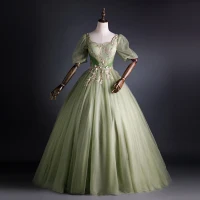 Elegante Salbeigrün Ballkleider 2021 Ballkleid Eckiger Ausschnitt Perle Pailletten Spitze Blumen Kurze Ärmel Rückenfreies Lange Ball Festliche Kleider