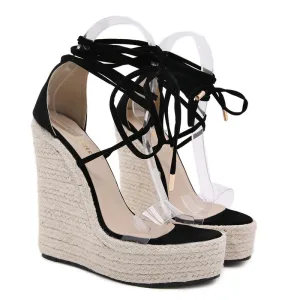 Chic Belle Noire Désinvolte Sandales Femme 2020 Bride Cheville 14 Cm Compensées Peep Toes Bout Ouvert Sandales