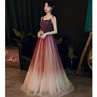 Charmant Bordeaux Robe De Soirée 2020 Princesse Bretelles Spaghetti Perlage Paillettes Sans Manches Dos Nu Longue Robe De Ceremonie