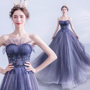 Charming Navy Blue Evening Dresses 2020 A Line Princess Strapless Beading Sequins Sleeveless Backless Floor Length Long Formal Dresses