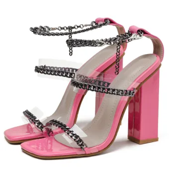 Chic Beautiful Summer Candy Pink Street Wear Womens Sandals 2020 Metal Ankle Strap 11 Cm Thick Heels Open Peep Toe Sandals