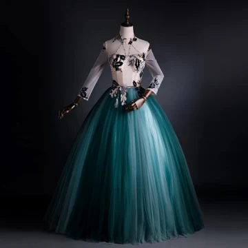 Élégant Vert Jade Robe De Bal 2021 Robe Boule Col Haut Perle Faux Diamant En Dentelle Fleur Perlage Manches Longues Dos Nu Longue Promo Robe De Ceremonie