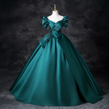 Recatado Verde Oscuro Rebordear Lentejuelas Vestidos De Gala 2025 Ball Gown Fuera Del Hombro Satén Manga Corta Sin Espalda Largos Gala Vestidos Formales