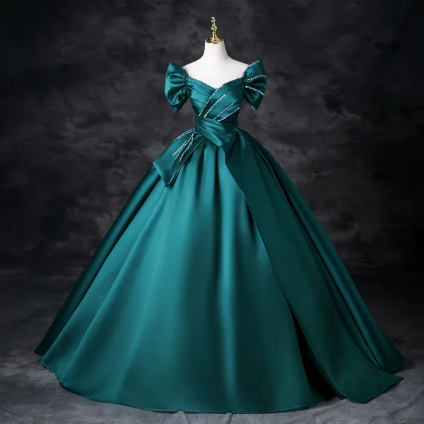 Demure Dark Green Beading Sequins Prom Dresses 2025 Ball Gown Off-The-Shoulder Satin