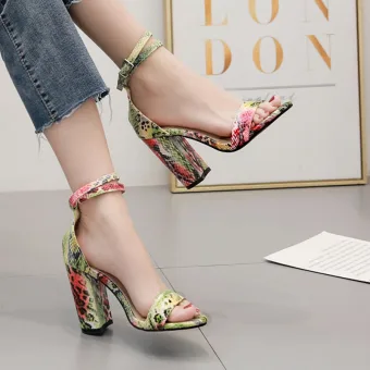 Fashion Summer Street Wear Green Womens Sandals 2020 Snakeskin Print Ankle Strap 11 Cm Thick Heels Open Peep Toe Sandals