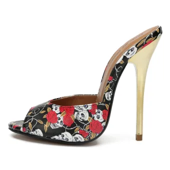 Chic Beautiful Black Street Wear Floral Womens Sandals 2020 14 Cm Stiletto Heels Open Peep Toe Sandals