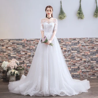 Chic Belle Blanche Robe De Mariée 2018 Princesse Appliques En Dentelle Encolure Dégagée Dos Nu 1 2 Manches Tribunal Train Mariage