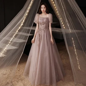 Mode Glitter Rougissant Rose Robe De Bal 2021 Princesse Encolure Carrée Perlage Appliques Paillettes Manches Courtes Dos Nu Longue Robe De Ceremonie