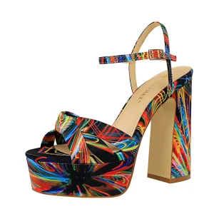 Fantaisie Été Multi Couleurs Vêtement De Rue Sandales Femme 2020 Bride Cheville 12 Cm Talons Épais Peep Toes Bout Ouvert Sandales