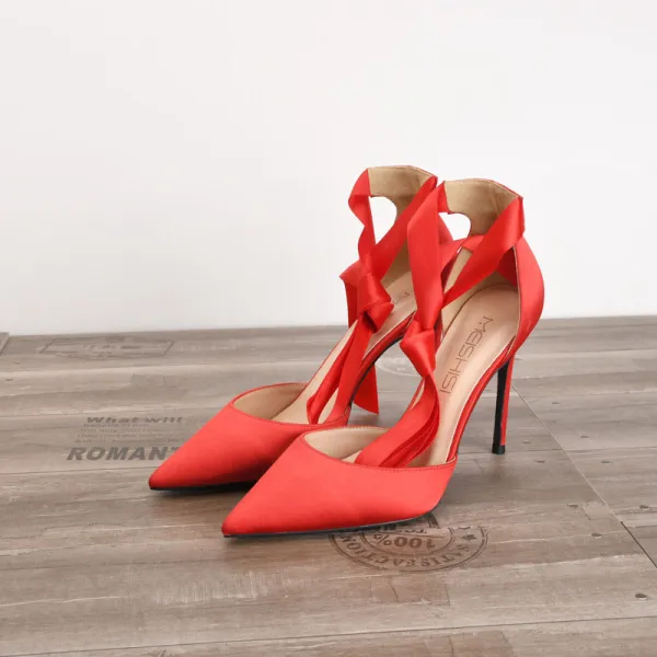 Chic / Beautiful Red Casual Satin Womens Shoes 2020 Bow 10 cm Stiletto Heels Pointed Toe Sandals