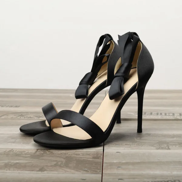 Schöne Schwarz Datierung Satin Sandalen Damen 2020 Schleife Knöchelriemen 10 cm Stilettos Peeptoes Sandaletten