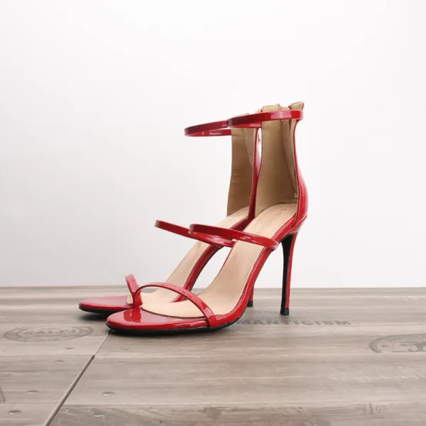 Sexy Red Street Wear Womens Sandals 2020 Patent Leather Ankle Strap 10 cm Stiletto Heels Open / Peep Toe Sandals