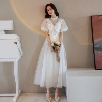 Modern Fashion Ivory Homecoming Evening Dresses Graduation Dresses 2021 A Line Princess High Neck Lace Butterfly Ruffle Short Sleeve Floor Length Long Prom Formal Dresses