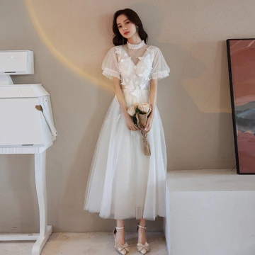 Modern Fashion Ivory Homecoming Evening Dresses Graduation Dresses 2021 A Line Princess High Neck Lace Butterfly Ruffle Short Sleeve Floor Length Long Prom Formal Dresses