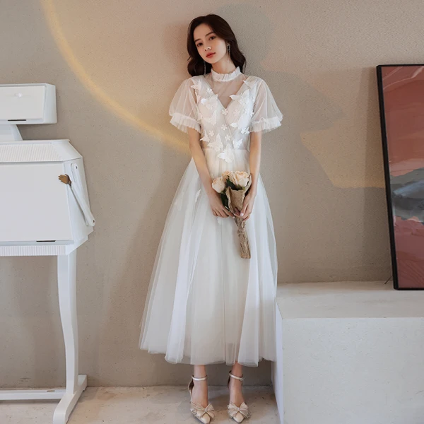 Modern / Fashion Ivory Homecoming Evening Dresses Graduation Dresses 2021 A-Line / Princess High Neck Lace Butterfly Ruffle Short Sleeve Floor-Length / Long Prom Formal Dresses