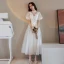 Modern / Fashion Ivory Homecoming Evening Dresses  Graduation Dresses 2021 A-Line / Princess High Neck Lace Butterfly Ruffle Short Sleeve Floor-Length / Long Prom Formal Dresses