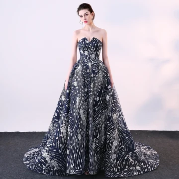 Scintillantes Bleu Marine Robe De Ceremonie 2018 Robe Boule Glitter Paillettes Bustier Dos Nu Sans Manches Tribunal Train Robe De Soirée