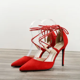 Chic Beautiful Red Street Wear Suede Womens Sandals 2020 Bow Ankle Strap 10 Cm Stiletto Heels Pointed Toe Sandals