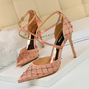 Charming Champagne Rhinestone Evening Party Womens Shoes 2020 Satin X Strap 10 Cm Stiletto Heels Pointed Toe Sandals