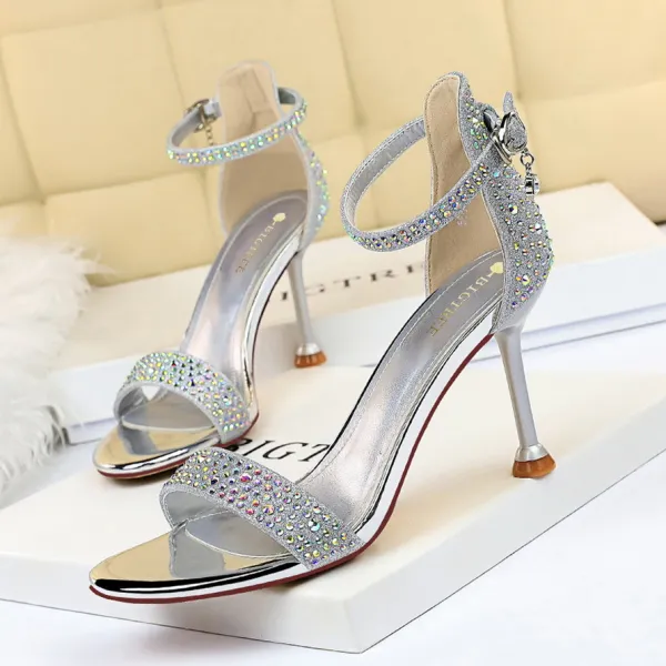 Sexy Silver Evening Party Womens Sandals 2020 Ankle Strap Rhinestone Sequins 8 cm Stiletto Heels Open / Peep Toe Sandals
