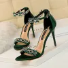 Sexy Dark Green Evening Party Womens Sandals 2020 Rhinestone Ankle Strap 9 cm Stiletto Heels Open / Peep Toe Sandals