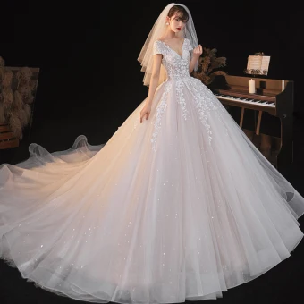 Charming Champagne Wedding Dresses 2020 Ball Gown See Through V Neck Beading Star Sequins Lace Flower Short Sleeve Backless Royal Train