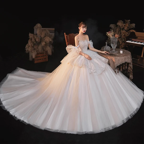 Luxury / Gorgeous Charming Champagne Wedding Dresses 2020 Ball Gown Beading Lace Sequins Strapless Sleeveless Backless Royal Train