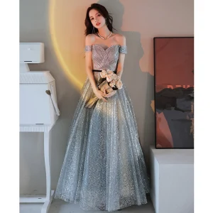 Sparkly Silver Glitter Sequins Prom Dresses 2021 A Line Princess Off The Shoulder Beading Pearl Sleeveless Backless Floor Length Long Prom Formal Dresses