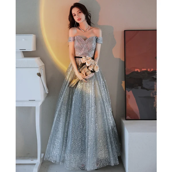 Sparkly Silver Glitter Sequins Prom Dresses 2021 A-Line / Princess Off-The-Shoulder Beading Pearl Sleeveless Backless Floor-Length / Long Prom Formal Dresses