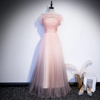 Charmant Rougissant Rose Soirée Robe De Soirée 2020 Princesse Volants De L 039 Épaule Perlage Paillettes Sans Manches Dos Nu Longue Robe De Ceremonie