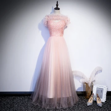 Charming Blushing Pink Evening Party Evening Dresses 2020 A Line Princess Ruffle Off The Shoulder Beading Sequins Sleeveless Backless Floor Length Long Formal Dresses