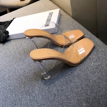 Sexy Transparent Vêtement De Rue Sandales Femme 2020 9 Cm Talons Épais Peep Toes Bout Ouvert Sandales