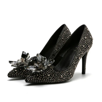 Charmant Noire Cristal Chaussure De Mariée 2020 Cuir Faux Diamant 10 Cm Talons Aiguilles À Bout Pointu Mariage Escarpins