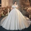 Luxury / Gorgeous Ivory Wedding Dresses 2020 Ball Gown Scoop Neck Beading Lace Short Sleeve Backless Royal Train