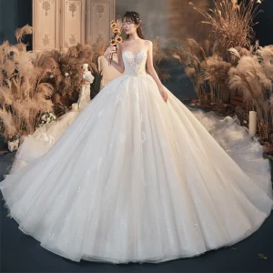 Lyx Champagne Bröllopsklänningar 2020 Balklänning Urringning Beading Rhinestone Paljetter Spets Blomma Korta Ärm Royal Train