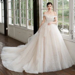 Luxury Gorgeous Charming Champagne Wedding Dresses 2020 A Line Princess Ruffle Off The Shoulder Beading Backless Rhinestone Sequins Sleeveless Court Train