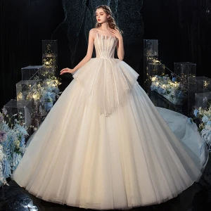 Charming Champagne Wedding Dresses Ball Gown 2020 Strapless Lace Sequins Sleeveless Backless Royal Train