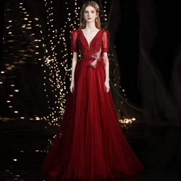 Chic Belle Bordeaux Glitter Robe De Bal 2021 Princesse V Cou Perlage Faux Diamant Paillettes Manches Courtes Dos Nu Longue Robe De Ceremonie