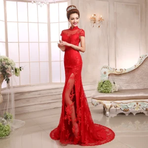 Style Chinois Rouge Robe De Soirée 2018 Trompette Sirène Appliques En Dentelle Paillettes Col Haut Manches Courtes Train De Balayage Robe De Ceremonie