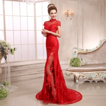 Style Chinois Rouge Robe De Soirée 2018 Trompette Sirène Appliques En Dentelle Paillettes Col Haut Manches Courtes Train De Balayage Robe De Ceremonie