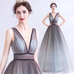 Sexy Silver Grey Evening Dresses 2020 A Line Princess Backless V Neck Sleeveless Sequins Floor Length Long Formal Dresses