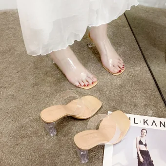 Sexy Transparent Beige Street Wear Womens Shoes 2020 9 Cm Thick Heels Open Peep Toe Sandals