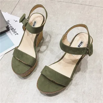 Chic Belle Vert Trèfle Vêtement De Rue Daim Sandales Femme 2020 9 Cm Compensées Peep Toes Bout Ouvert Sandales