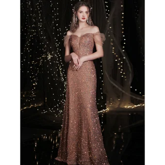 Scintillantes Or Rose Glitter Robe De Soirée 2021 Trompette Sirène De L 039 Épaule Paillettes Manches Courtes Dos Nu Longue Soirée Robe De Ceremonie
