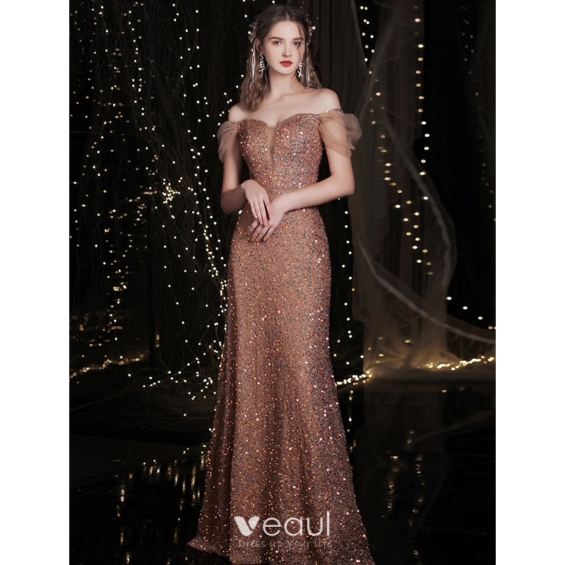 Sparkly Rose Gold Glitter Evening Dresses 2021 Trumpet / Mermaid Off-The-Shoulder Sequins Short Sleeve Backless Floor-Length / Long Evening Party Formal Dresses Sparkly Rose Gold Glitter Evening Dresses 2021 Trumpet / Mermaid Off-The-Shoulder Sequins Short Sleeve Backless Floor-Length / Long Evening Party Formal Dresses