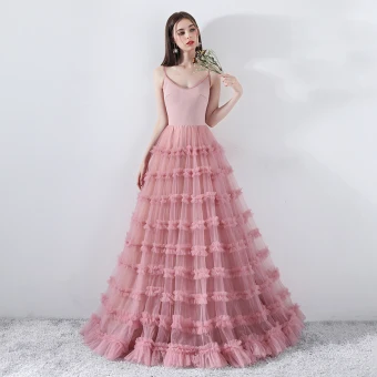 Simple Rougissant Rose Robe De Ceremonie 2018 Princesse Bretelles Spaghetti Dos Nu Sans Manches Longue Robe De Bal