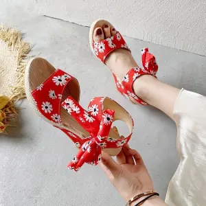 Mode Été Rouge Plage Sandales Femme 2020 Floral Noeud 7 Cm Compensées Plateforme Peep Toes Bout Ouvert Sandales