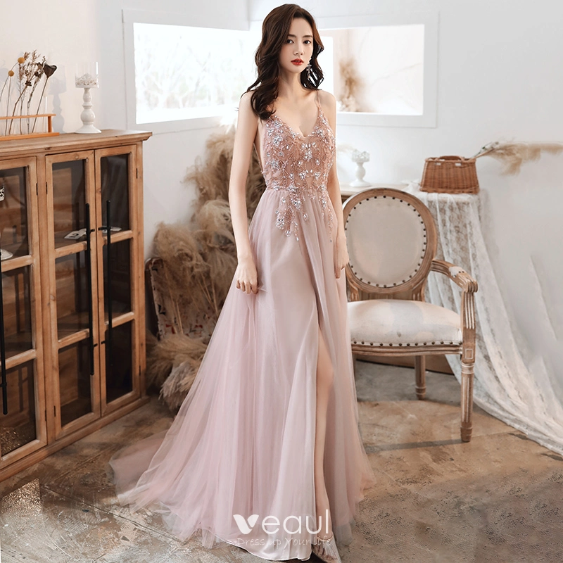 Sexy Blushing Pink Prom Dresses 2020 A Line Princess Spaghetti Straps Beading Rhinestone Sequins Sleeveless Backless Split Front Floor Length Long Formal Dresses