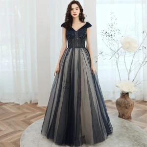 Élégant Bleu Marine Robe De Bal 2020 Princesse V Cou Perlage Étoile Paillettes Sans Manches Dos Nu Longue Robe De Ceremonie